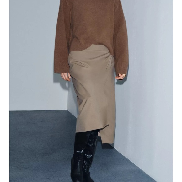Zara NWT wool blend tan taupe ruched asymmetrical midi skirt - Picture 8 of 11